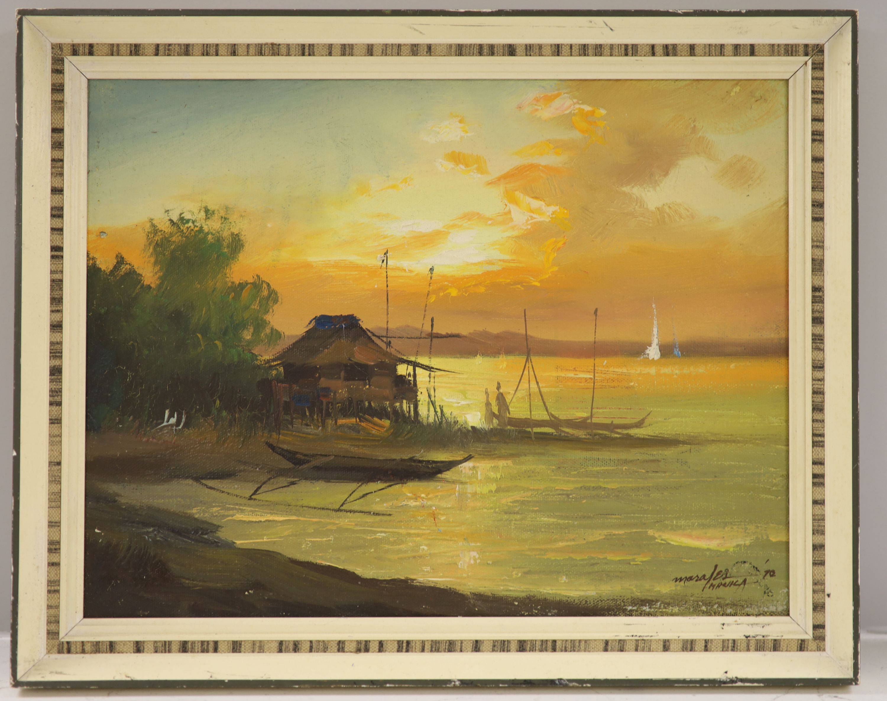 Maralez (Manila), oil on canvas, Coastal scene at sunset, signed and dated 70, 22 x 29cm